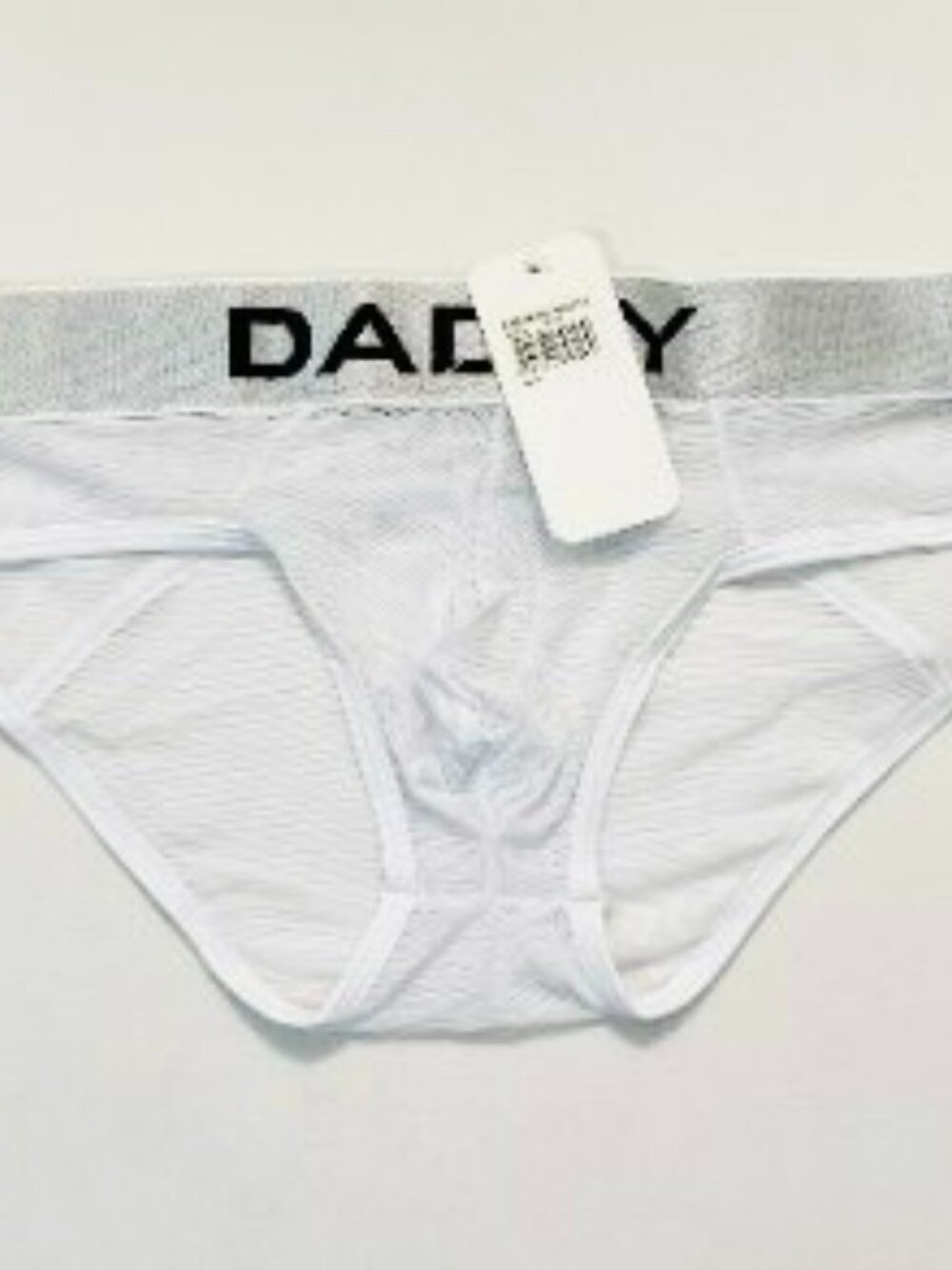 DADDY Size Large Sheer Mesh Polyamide Blend Center Seam Brief - White/Silver